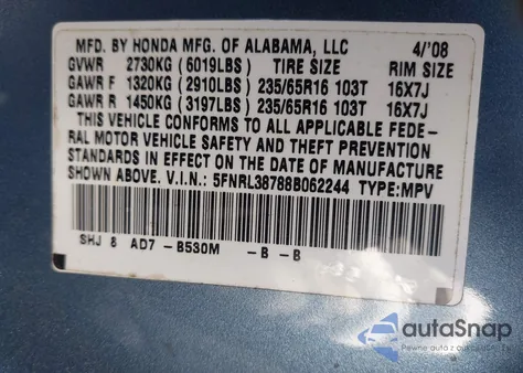 2008 Honda Odyssey Ex-L z USA, uszkodzony, nr VIN 5FNRL38788B062244